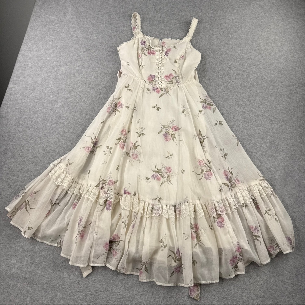 70's Gunne Sax Dress Women Size 7 Cream Floral Cottagecore Midi Lace Up Ruffle